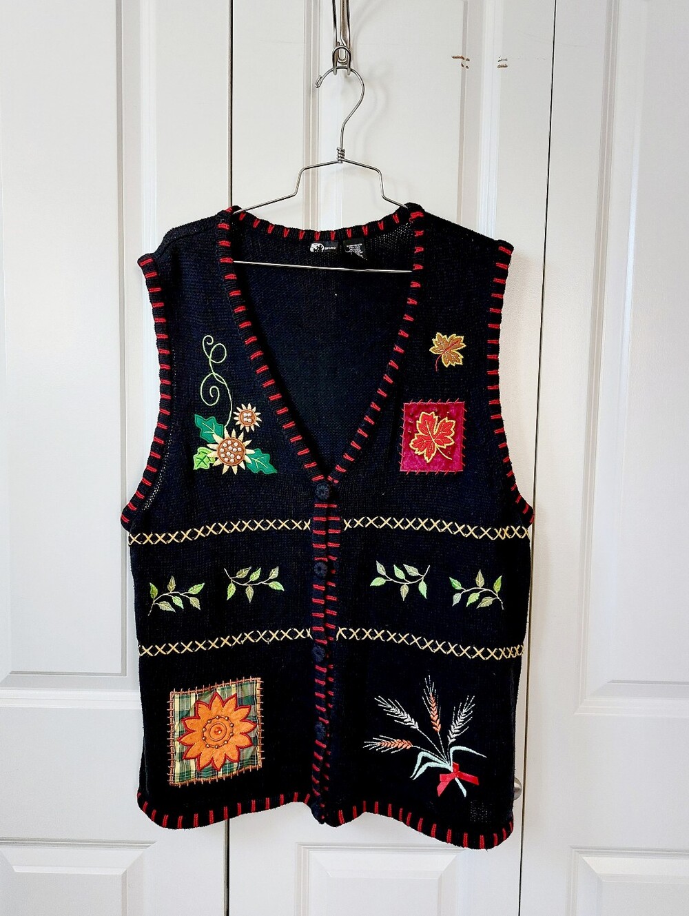 Autumn Sweater Vest Sunflower Leaves & Grain XL‎ Holiday Eds Granny Cottagecore